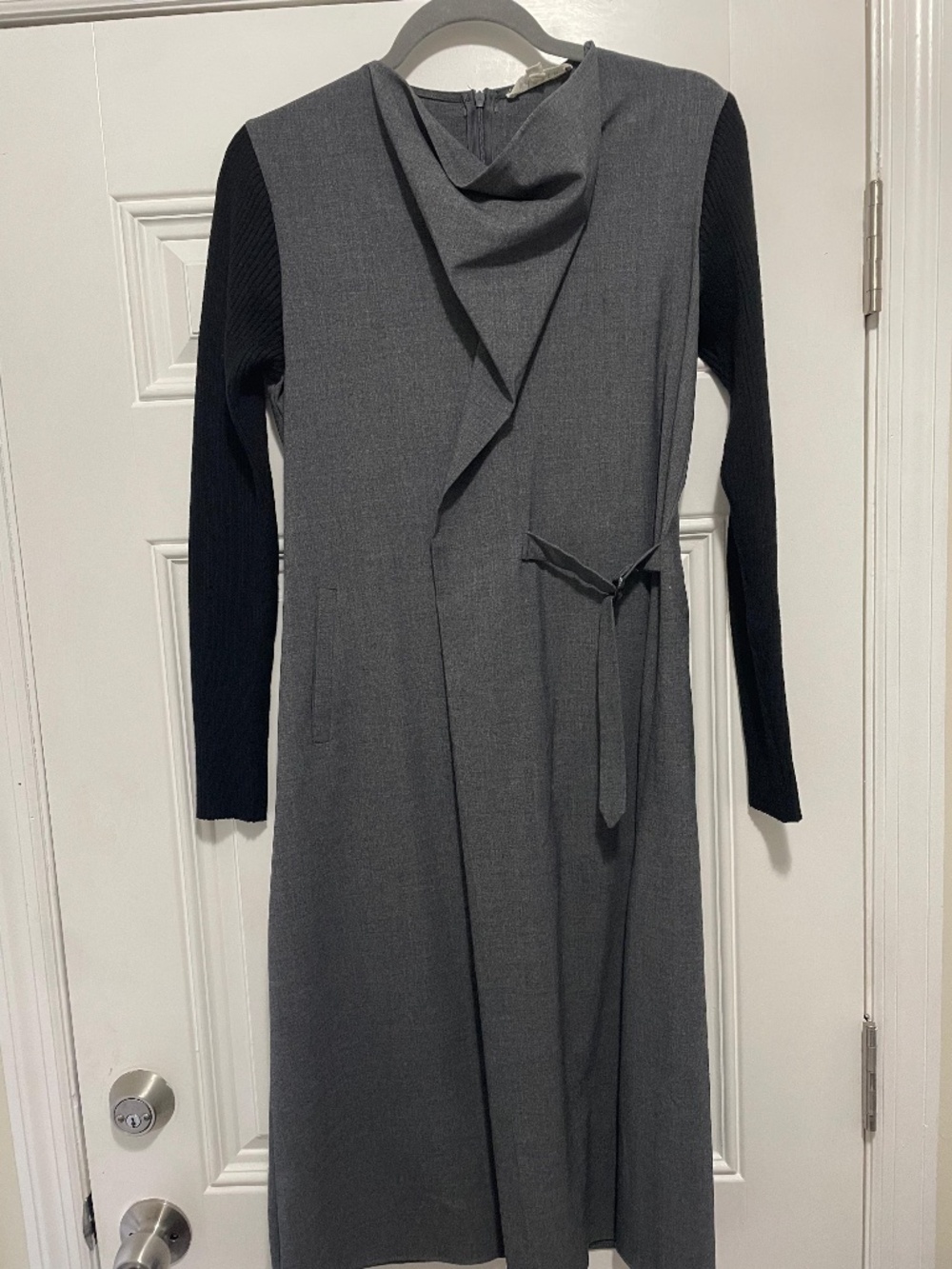 Mixed Media Midi Dress – Gray & Black, Long Sleeve